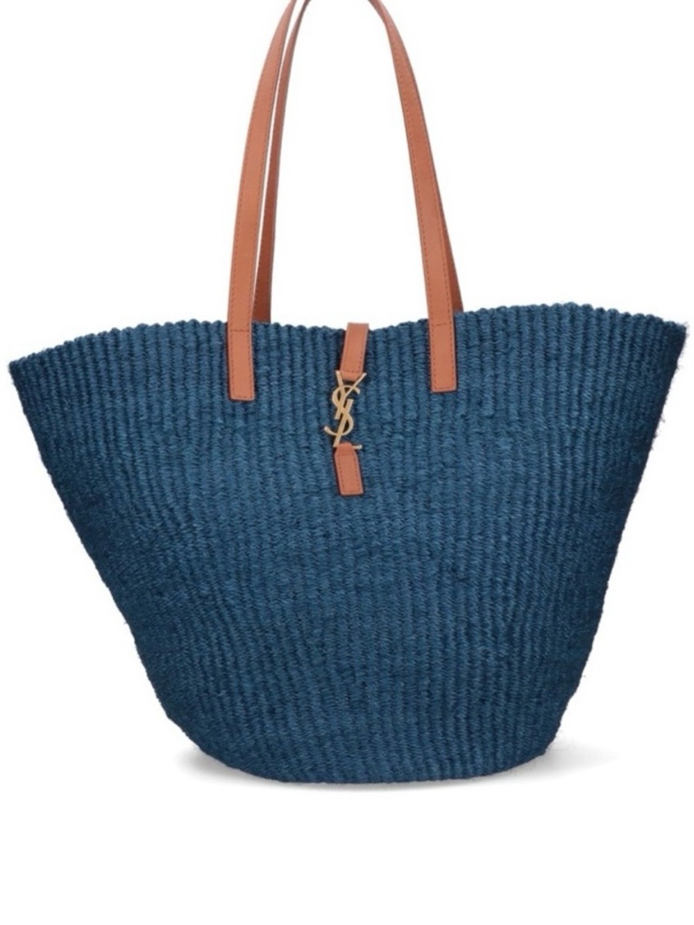 Saint Laurent Blue Woven Raffia Pannier Tote with Brown Leather Handles